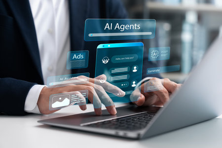AI agents technology, Humans use AI in their work to help maximize efficiency, Machine learning, Create new innovations, Deep learning, Connecting big data, Artificial intelligence technology.の写真素材