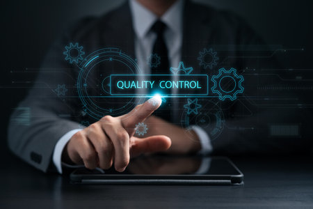 Quality control and quality assurance according to standards and guarantees, businessman using tablet showing compliance with regulations and standards, business technology excellence.の写真素材