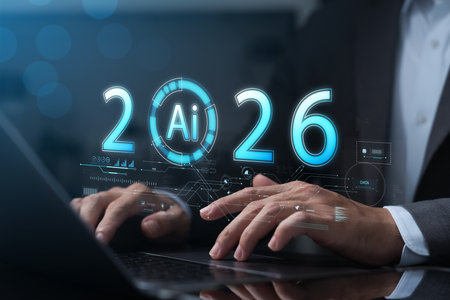 Businessman using laptop with AI 2026 hologram interface showing futuristic technology, innovation,...