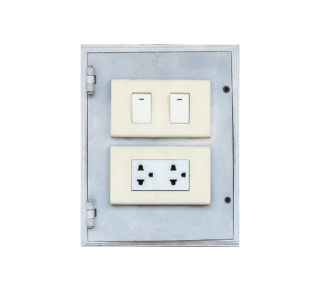 Electrical switch and plug on wall. Isolated on white background with copy space