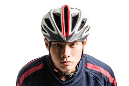 Portrait of an asian man cyclist with helmet and sportswear. Isolated on white backgroundの写真素材
