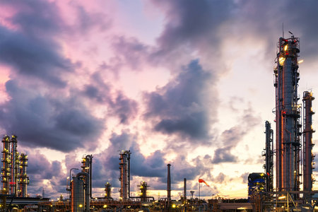 Violet and blue twilight sunset scene of oil and gas refinery skylineの写真素材
