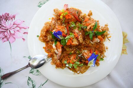 Curry-fried shrimps with Lychee, Longan, Fluffy eggs. top viewの写真素材