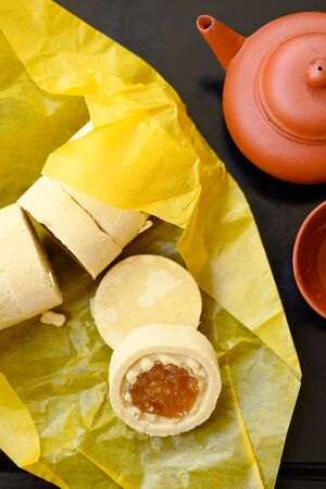Chinese pancake made from rice-flour Stuffed with durian stirred ( ka-nom goh )の写真素材
