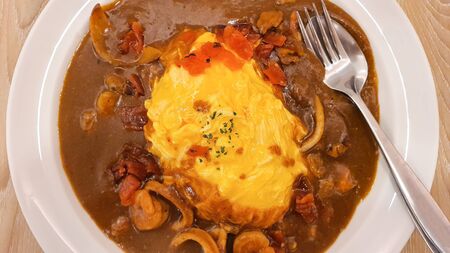 Cheese omelette Curry Rice with seafood, omurice janpanese curry styleの写真素材