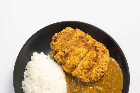 Tonkatsu Curry Rice (Japanese deep-fried pork cutlet with Curry rice). top view on white background. flat lay.の写真素材