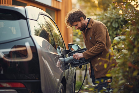 A man in casual wear is plugging in an electric car for charging at a home charging station surrounded by lush greenery.の素材