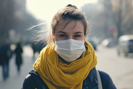 Portrait of a young woman with blue eyes wearing a surgical mask, possibly to protect against PM2.5, in a busy city environment.の素材