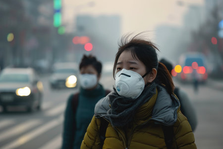 A woman wearing a PM2.5 protective mask stands on a busy urban street, highlighting the issue of air pollution in the city.の素材