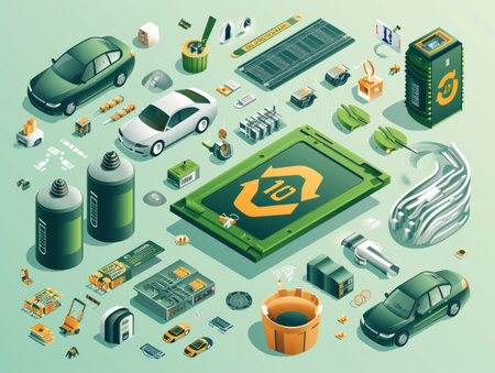 Infographic illustrating the disassembled components of an electric vehicle, including the battery system, motors, and charging unit.の素材