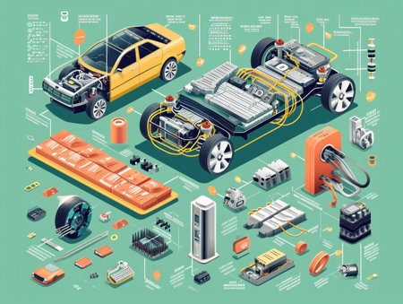 Infographic illustrating the disassembled components of an electric vehicle, including the battery system, motors, and charging unit.の素材