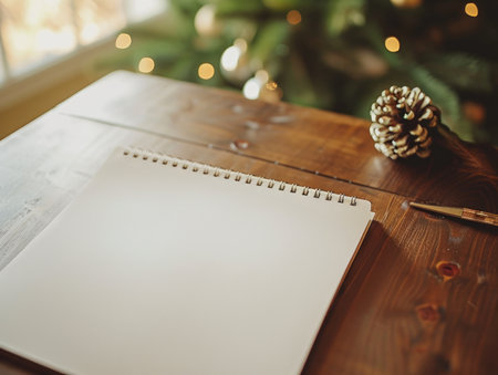 Close-up of an open blank notebook with a gold pen and pine cone decoration, with Christmas lights in the background.の素材