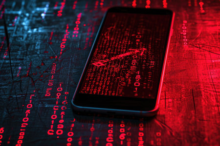 A smartphone lying on a reflective surface displays a red coding script, suggesting a cybersecurity threat or scam or hack programming concept.の素材