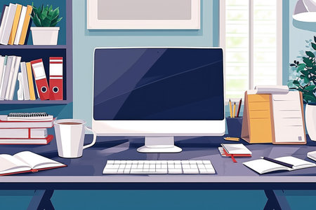 A neatly arranged home office setup with a modern computer, desk lamp, stationery, and a potted plant, providing a comfortable workspace environment.の素材