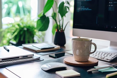 A well-organized home office desk featuring a contemporary computer, keyboard, tablet, notepad, and a cup of coffee, with a view of green plants in the background.の素材