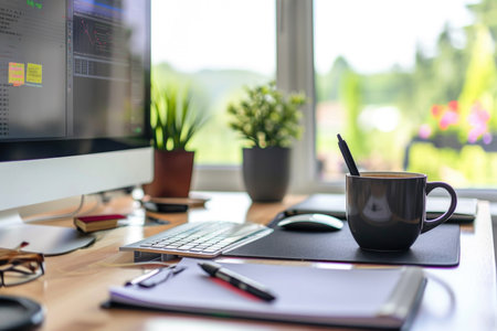 A well-organized home office desk featuring a contemporary computer, keyboard, tablet, notepad, and a cup of coffee, with a view of green plants in the background.の素材