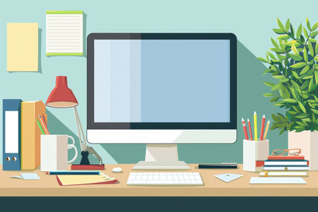 A neatly arranged home office setup with a modern computer, desk lamp, stationery, and a potted plant, providing a comfortable workspace environment.の素材