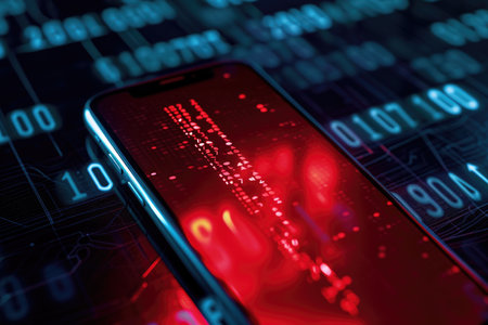 A smartphone lying on a reflective surface displays a red coding script, suggesting a cybersecurity threat or scam or hack programming concept.の素材
