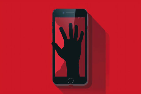 A conceptual illustration of a scammer's hand reaching out from a smartphone screen, symbolizing online fraud and cybersecurity threats.の素材