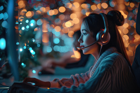 A customer service representative focused on her computer screen, wearing a headset, while working a late-night shift surrounded by ambient lights.の素材