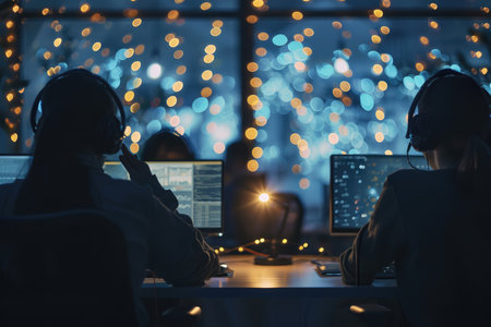 A customer service representative focused on her computer screen, wearing a headset, while working a late-night shift surrounded by ambient lights.の素材