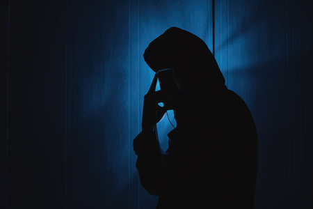 Dark silhouette of a mysterious Scammer in a hoodie holding a phone, symbolizing secretive communication or illegal activity.の素材