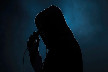 Dark silhouette of a mysterious Scammer in a hoodie holding a phone, symbolizing secretive communication or illegal activity.の素材