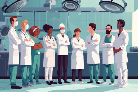 An illustration of a diverse and professional medical team, equipped with surgical attire, confidently standing in a well-equipped hospital operating room.の素材