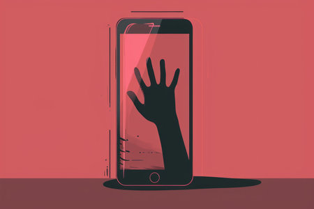 A conceptual illustration of a scammer's hand reaching out from a smartphone screen, symbolizing online fraud and cybersecurity threats.の素材
