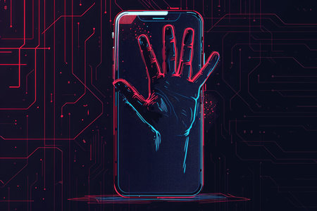 A conceptual illustration of a scammer's hand reaching out from a smartphone screen, symbolizing online fraud and cybersecurity threats, Circuit symbol on the backgroundの素材