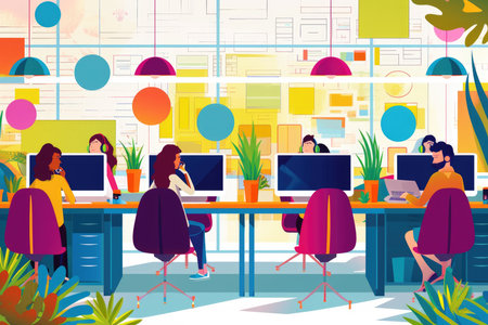 An animated illustration of a diverse team of call center agents with headsets, diligently working in a bright and colorful office.の素材