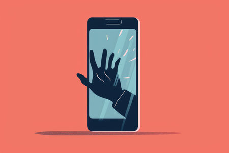 A conceptual illustration of a scammer's hand reaching out from a smartphone screen, symbolizing online fraud and cybersecurity threats.の素材