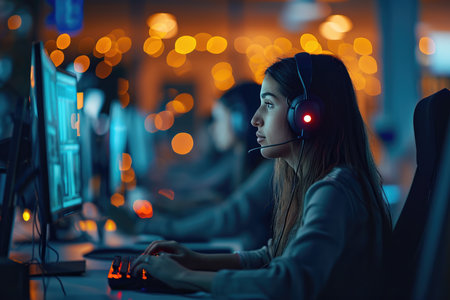 A customer service representative focused on her computer screen, wearing a headset, while working a late-night shift surrounded by ambient lights.の素材