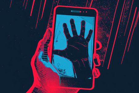 Vivid digital artwork portraying a scammer's hand reaching out from a mobile phone screen, set against a dynamic red backdrop.の素材