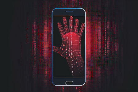 A conceptual illustration of a scammer's hand reaching out from a smartphone screen, symbolizing online fraud and cybersecurity threats, binary-code on the backgroundの素材
