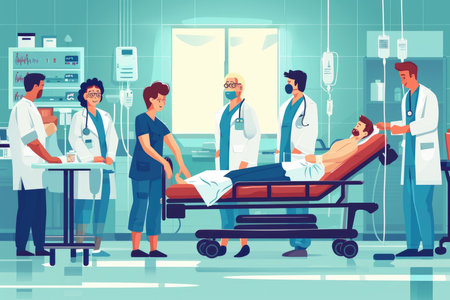 An animated scene depicting a dedicated medical team focused on the care of a patient on a hospital bed, surrounded by medical equipment.の素材