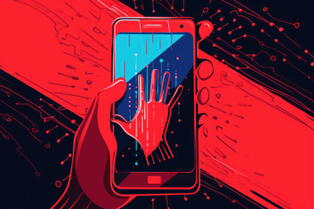 Vivid digital artwork portraying a scammer's hand reaching out from a mobile phone screen, set against a dynamic red backdrop.の素材
