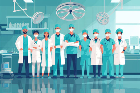 An illustration of a diverse and professional medical team, equipped with surgical attire, confidently standing in a well-equipped hospital operating room.の素材