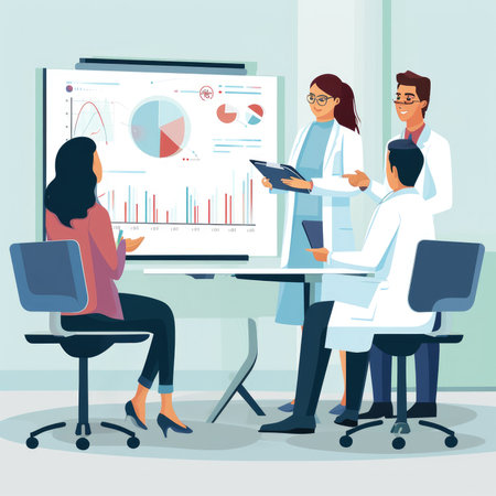 Flat vector illustration of a team of doctors and patients in a meeting.の素材