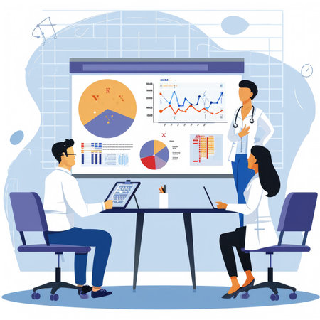 Three healthcare professionals engaged in discussion over data analysis, with large statistical charts and graphs displayed in the background.の素材
