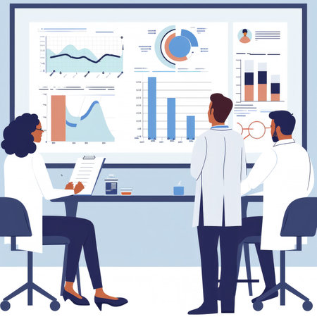Vector illustration of people in medical office. Man and woman in white coats working with charts and graphs. Teamwork and brainstorming conceptの素材