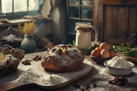 Homemade Easter sweet bread, known as Paska, surrounded by baking ingredients and utensils, on an old rustic kitchen table.の素材