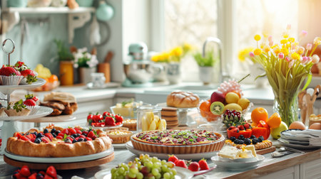 A bright and festive Easter brunch spread featuring a variety of dishes, fresh pastries, and vibrant decorations on a sunny kitchen table.の素材
