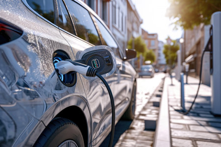 An electric vehicle being charged in an urban environment, highlighting sustainable transportation.の素材