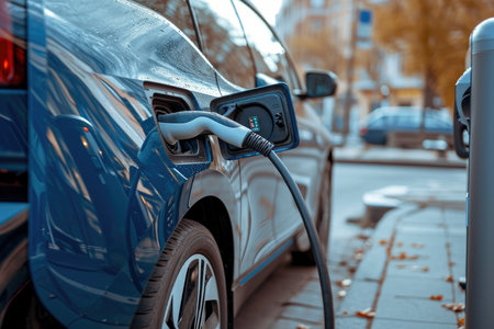 An electric vehicle being charged in an urban environment, highlighting sustainable transportation.の素材