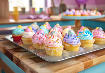 A tray of festive Easter cupcakes with pastel frosting and egg-shaped decorations on a kitchen counter, ready for a spring celebration.の素材