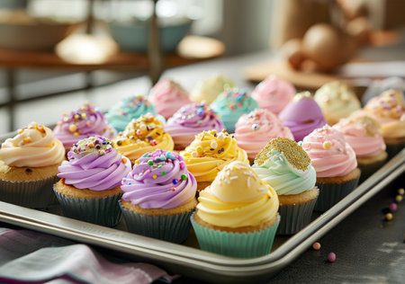 A tray of festive Easter cupcakes with pastel frosting and egg-shaped decorations on a kitchen counter, ready for a spring celebration.の素材