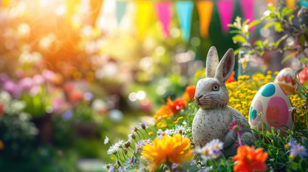 A magical Easter garden scene with a stone bunny statue surrounded by vivid flowers and scattered multicolored Easter eggs in the sunlight.の素材