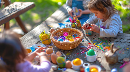 A vibrant Easter celebration with young children outdoors, engaging in painting and decorating eggs on a lush green lawn, with baskets and colorful supplies around.の素材