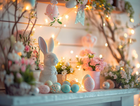 A serene Easter table display featuring pastel-colored eggs, a porcelain bunny, and a fresh bouquet of spring tulips by a sunny window.の素材